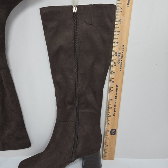 Nordstrom Rack Womens Knee High Heel Boots Sz 6.5M Faux Brown Suede Stretch Calf - Picture 3 of 11